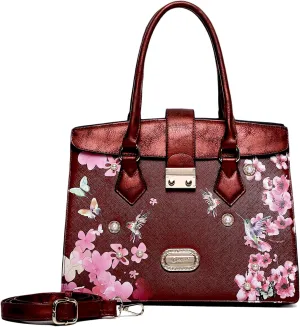 Royal Blossom Designer Satchel - Luxurious Leather Handbag with Pearl & Crystal Accents and Floral Embellishment(Burgundy)