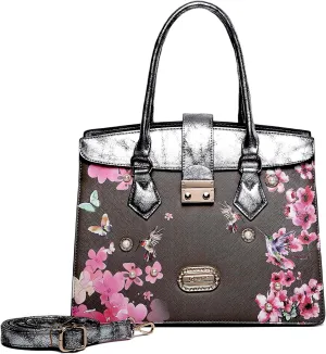 Royal Blossom Designer Satchel - Luxurious Leather Handbag with Pearl & Crystal Accents and Floral Embellishment(Pewter0
