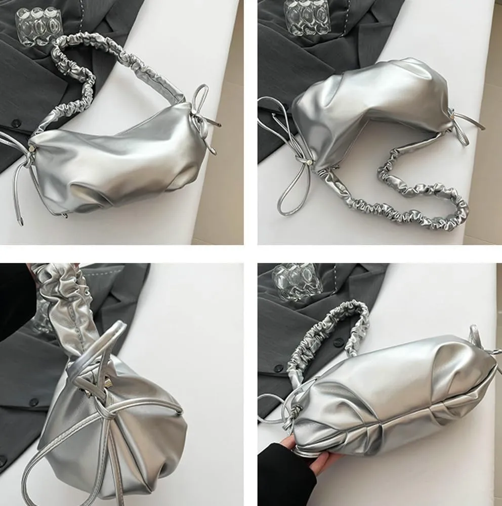 Ruched Cloud Handle Purse for Women Bow-Tie Drawstring Dumpling Bag with Zipper for Work Trendy Underarm Bag