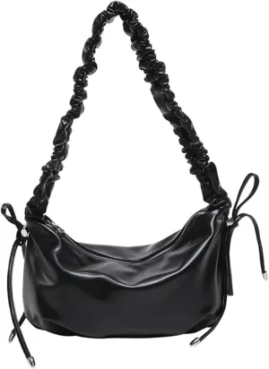 Ruched Cloud Handle Purse for Women Bow-Tie Drawstring Dumpling Bag with Zipper for Work Trendy Underarm Bag