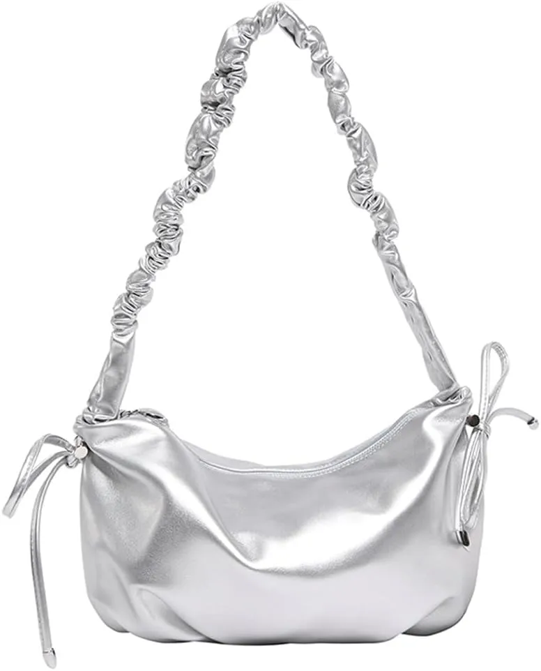 Ruched Cloud Handle Purse for Women Bow-Tie Drawstring Dumpling Bag with Zipper for Work Trendy Underarm Bag