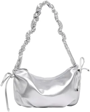 Ruched Cloud Handle Purse for Women Bow-Tie Drawstring Dumpling Bag with Zipper for Work Trendy Underarm Bag