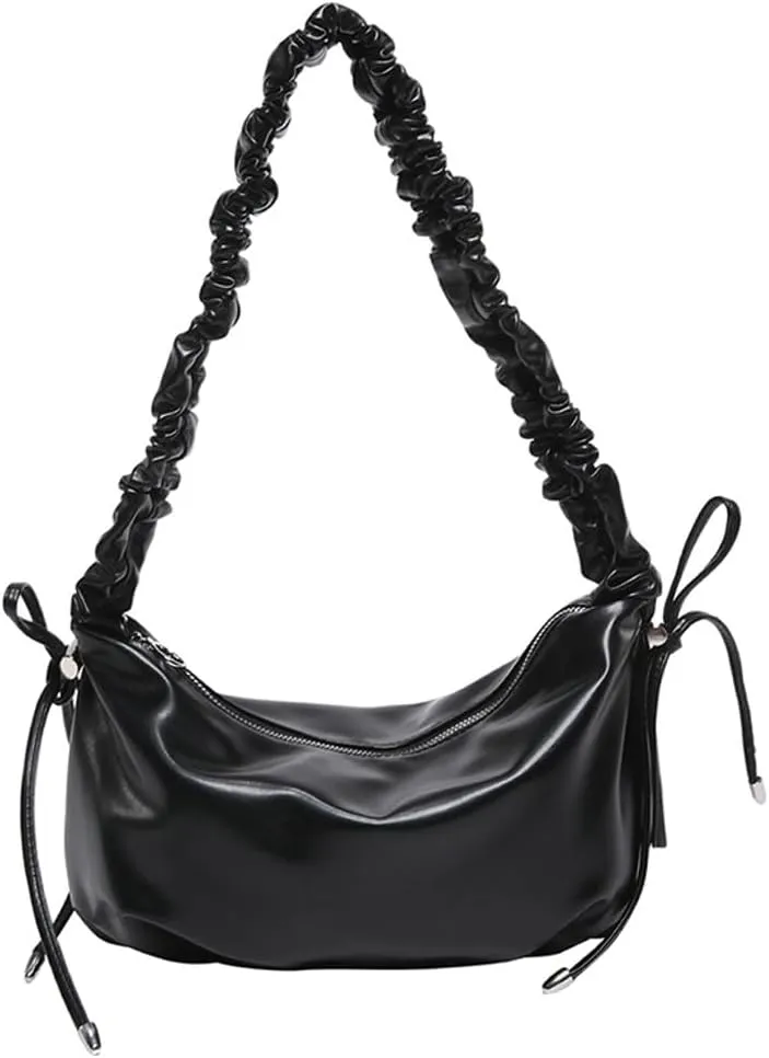 Ruched Cloud Handle Purse for Women Bow-Tie Drawstring Dumpling Bag with Zipper for Work Trendy Underarm Bag