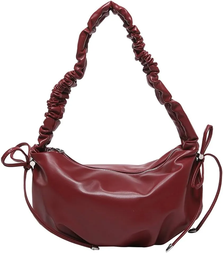 Ruched Cloud Handle Purse for Women Bow-Tie Drawstring Dumpling Bag with Zipper for Work Trendy Underarm Bag