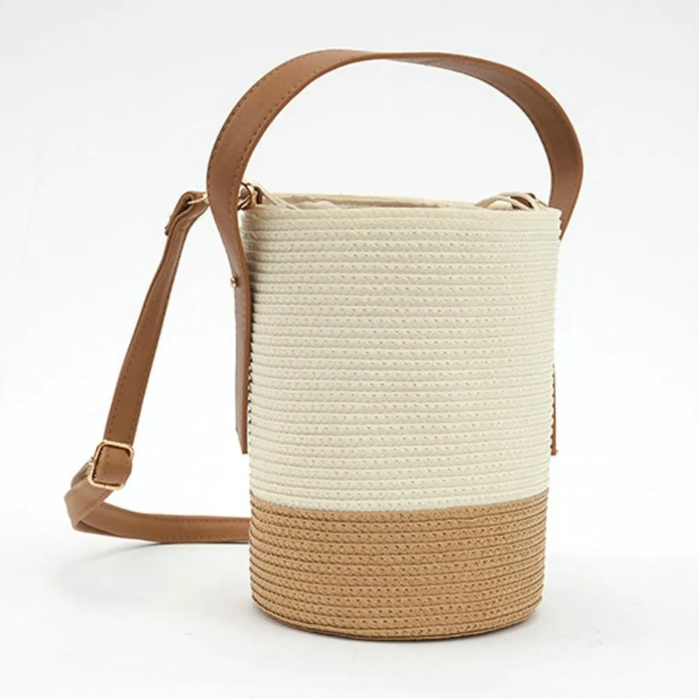 Rungion Womens Straw Bucket Purse Small Woven Crossbody Bag Summer Beach Shoulder Bags Casual Handbags with Drawstring