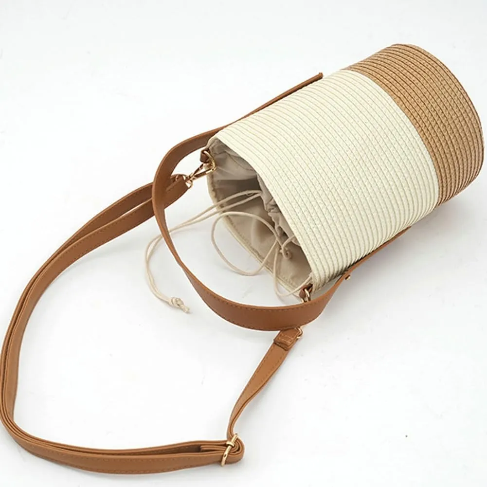 Rungion Womens Straw Bucket Purse Small Woven Crossbody Bag Summer Beach Shoulder Bags Casual Handbags with Drawstring