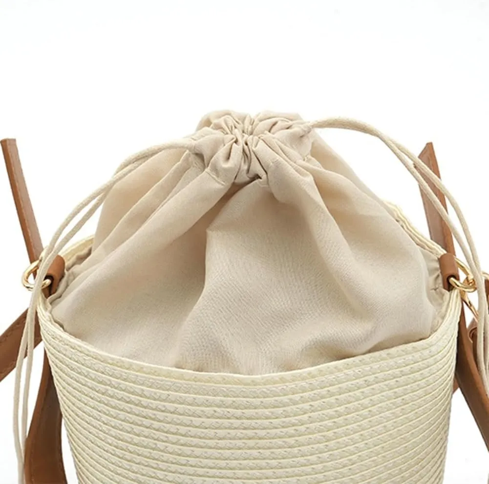 Rungion Womens Straw Bucket Purse Small Woven Crossbody Bag Summer Beach Shoulder Bags Casual Handbags with Drawstring
