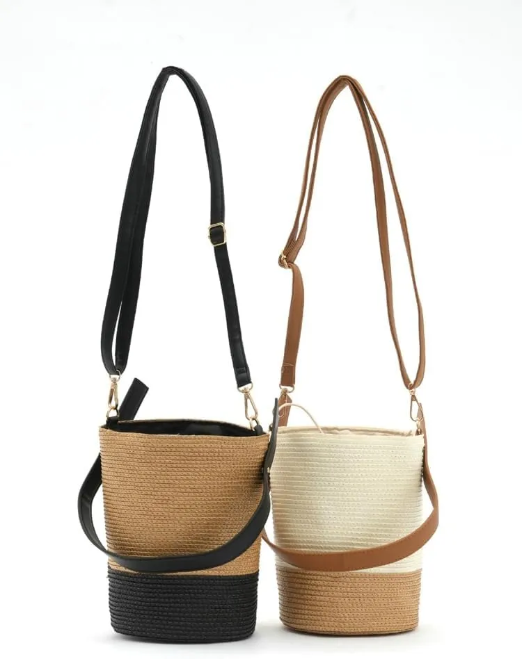 Rungion Womens Straw Bucket Purse Small Woven Crossbody Bag Summer Beach Shoulder Bags Casual Handbags with Drawstring