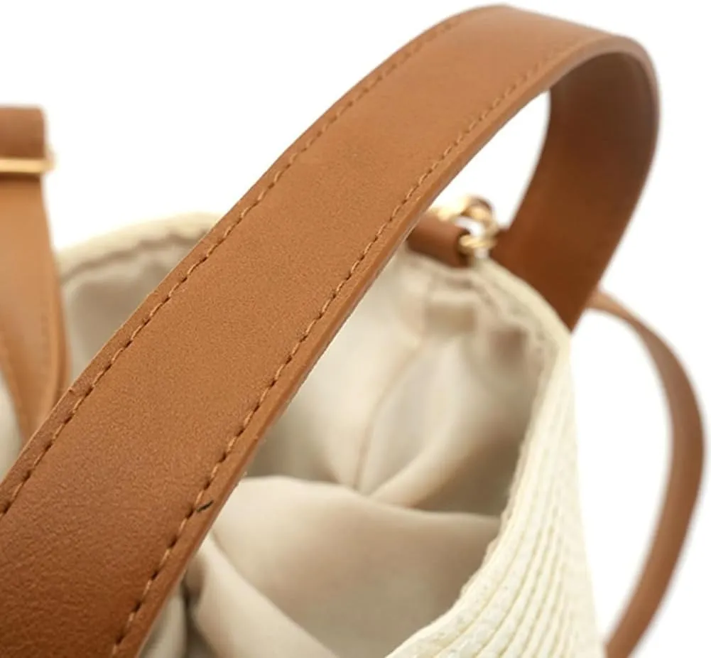 Rungion Womens Straw Bucket Purse Small Woven Crossbody Bag Summer Beach Shoulder Bags Casual Handbags with Drawstring