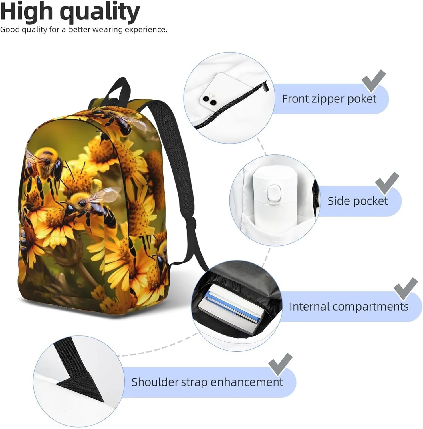 Rural Honey Bees Flowers Print Canvas Laptop Backpack Outdoor Casual Travel Bag Daypack Book Bag For Men Women