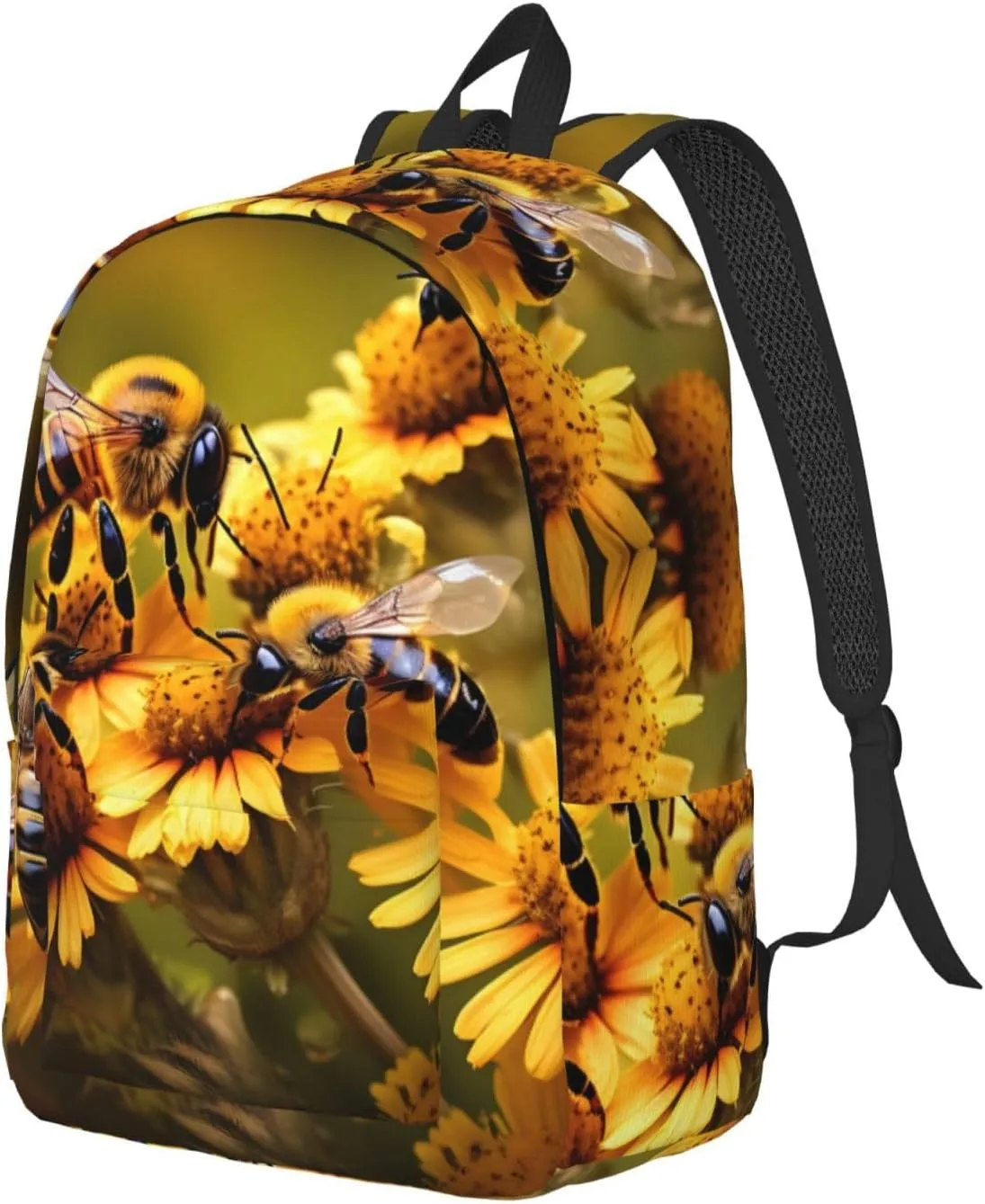 Rural Honey Bees Flowers Print Canvas Laptop Backpack Outdoor Casual Travel Bag Daypack Book Bag For Men Women