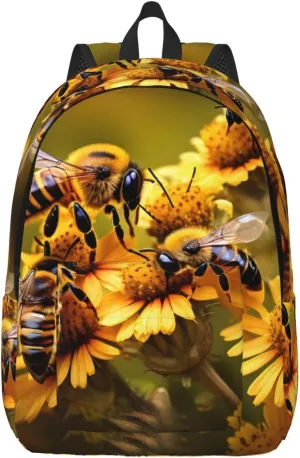 Rural Honey Bees Flowers Print Canvas Laptop Backpack Outdoor Casual Travel Bag Daypack Book Bag For Men Women