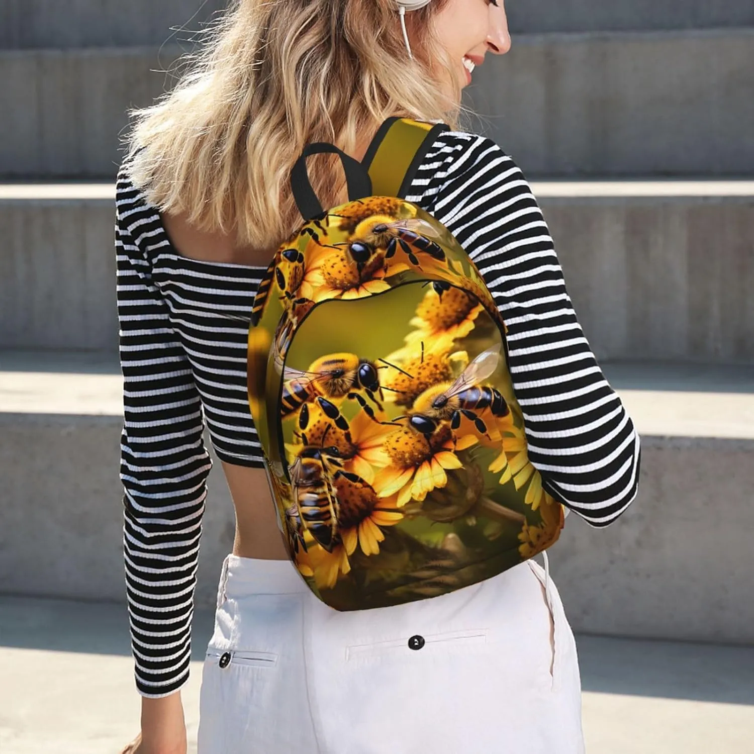 Rural Honey Bees Flowers Print Canvas Laptop Backpack Outdoor Casual Travel Bag Daypack Book Bag For Men Women