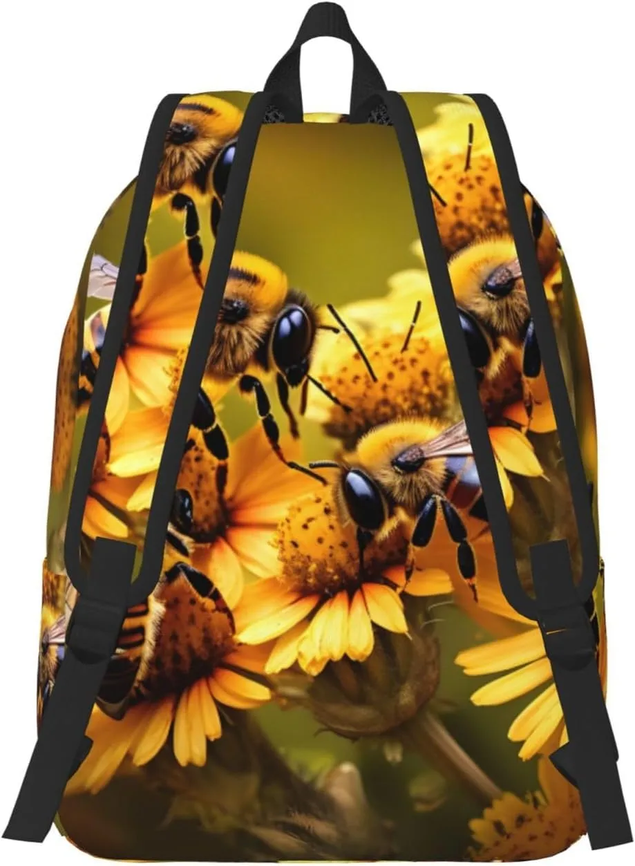 Rural Honey Bees Flowers Print Canvas Laptop Backpack Outdoor Casual Travel Bag Daypack Book Bag For Men Women