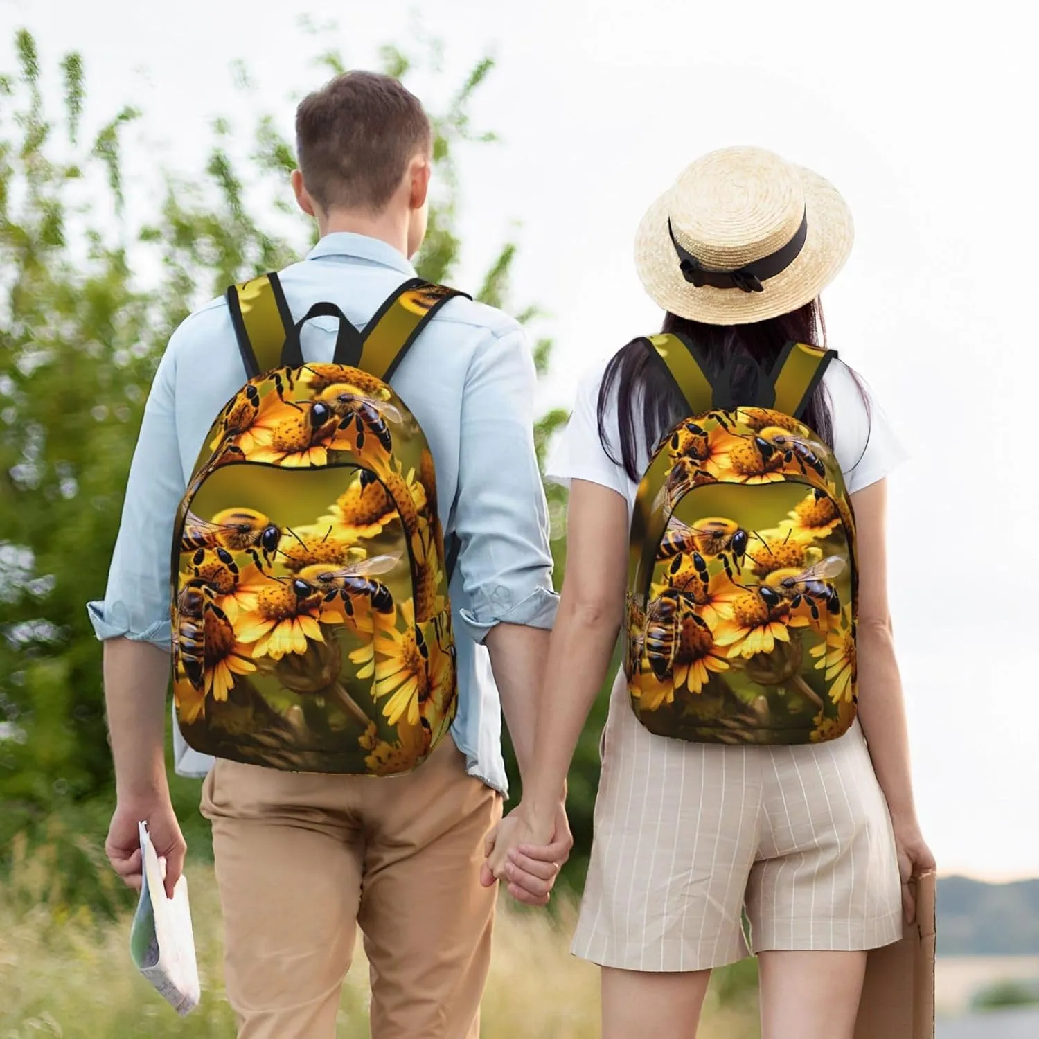 Rural Honey Bees Flowers Print Canvas Laptop Backpack Outdoor Casual Travel Bag Daypack Book Bag For Men Women