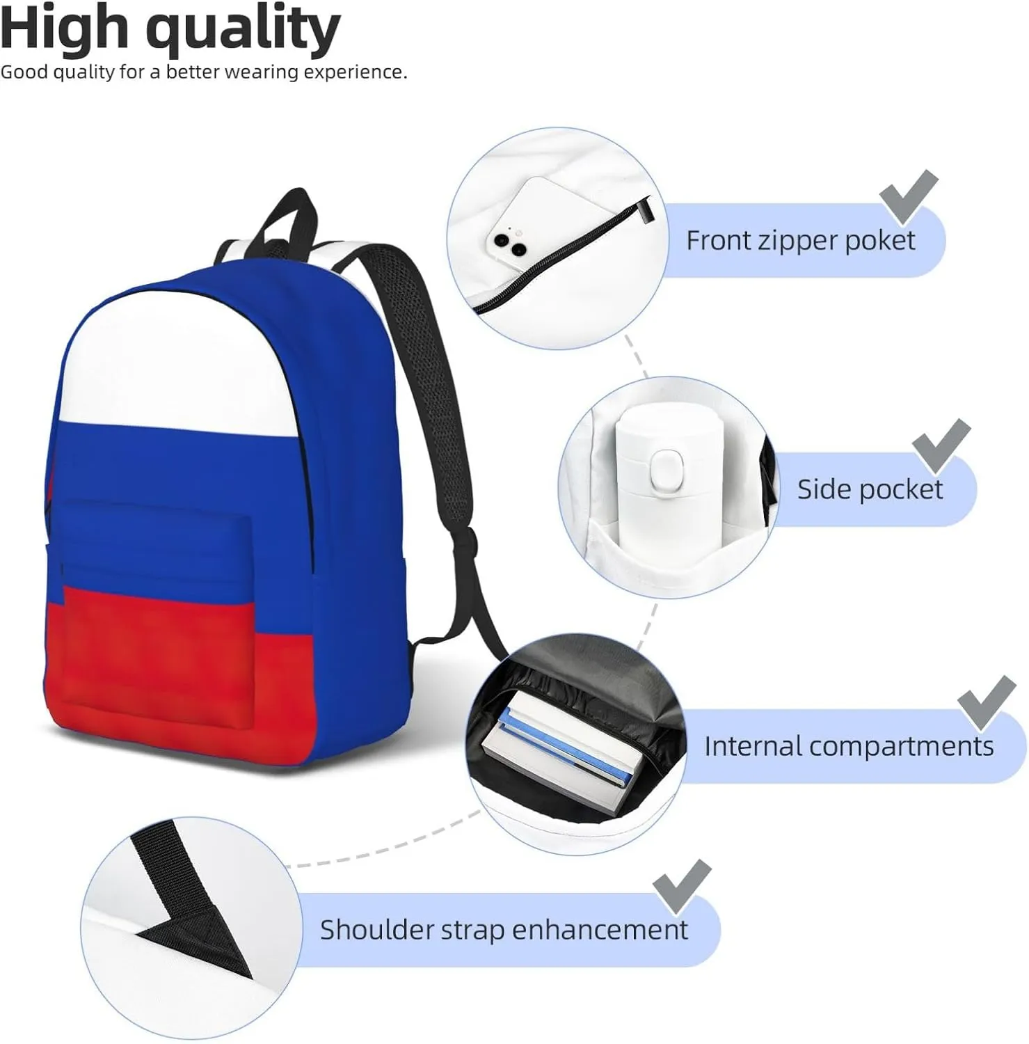 Russian Flag print Backpack Travel Backpacks for Women Men College Backpack Computer Bag for Travel
