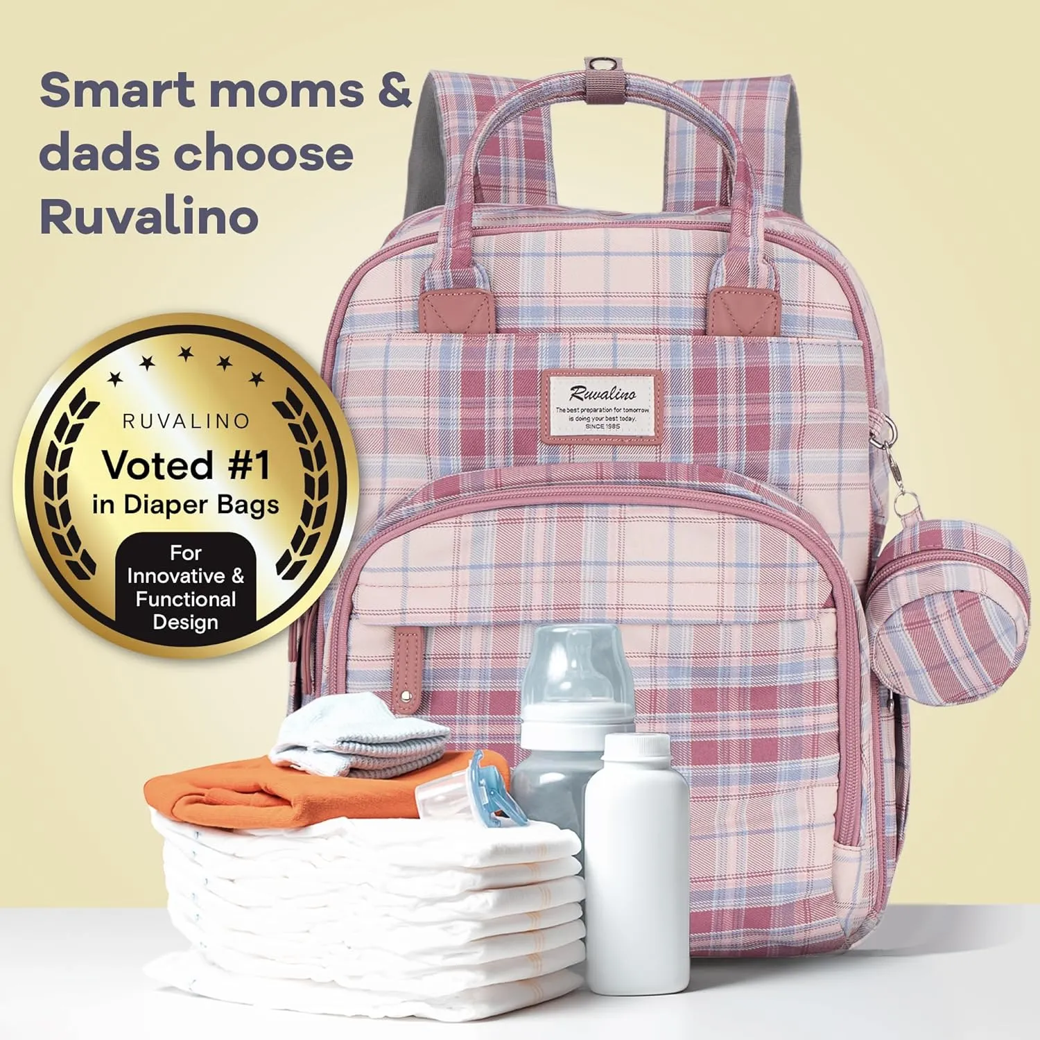 RUVALINO Diaper Bag Backpack, Multifunction Travel Pack Maternity Baby Changing Bags, Large Capacity, Waterproof, Pink Plaid