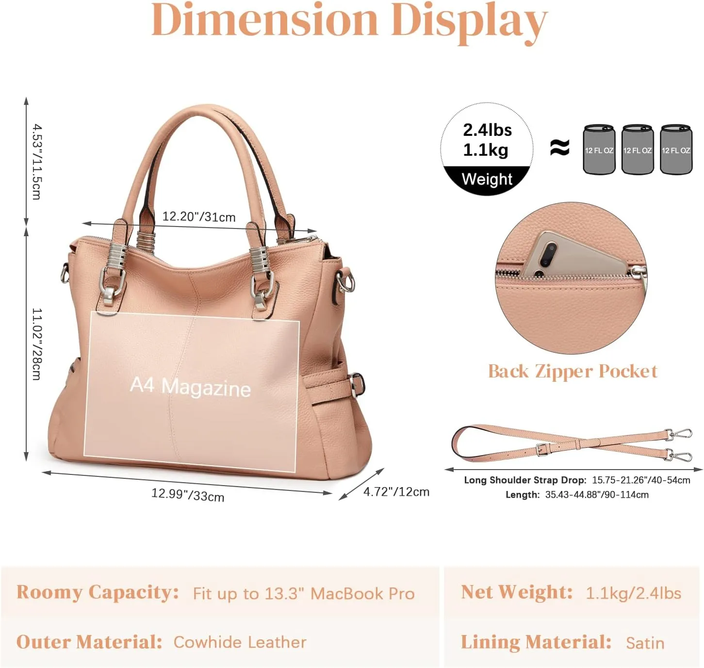 S-ZONE Women Genuine Leather Handbag Shoulder Purse Satchel Tote Crossbody Bag