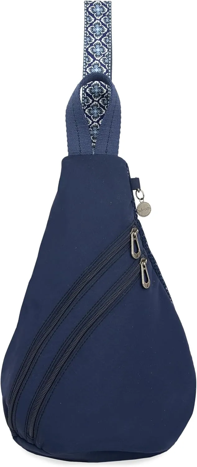 Sakroots On The Go Sling Backpack in Eco Twill, Adjustable Sling Strap, Dark Blue