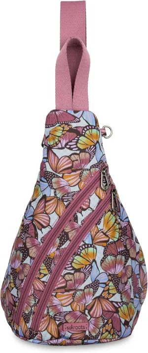 Sakroots Women's Go Sling Backpack, Mulberry Butterfly Bloom, 9IN x 6IN x 15IN