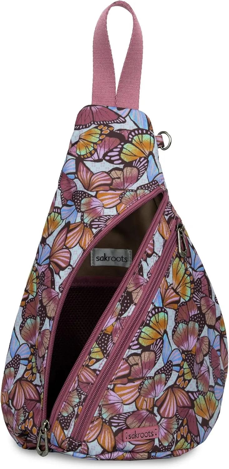 Sakroots Women's Go Sling Backpack, Mulberry Butterfly Bloom, 9IN x 6IN x 15IN