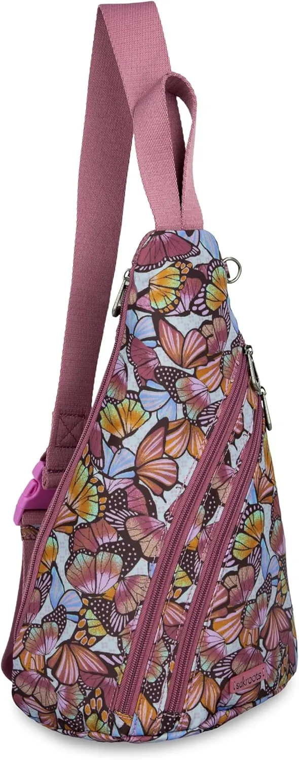 Sakroots Women's Go Sling Backpack, Mulberry Butterfly Bloom, 9IN x 6IN x 15IN