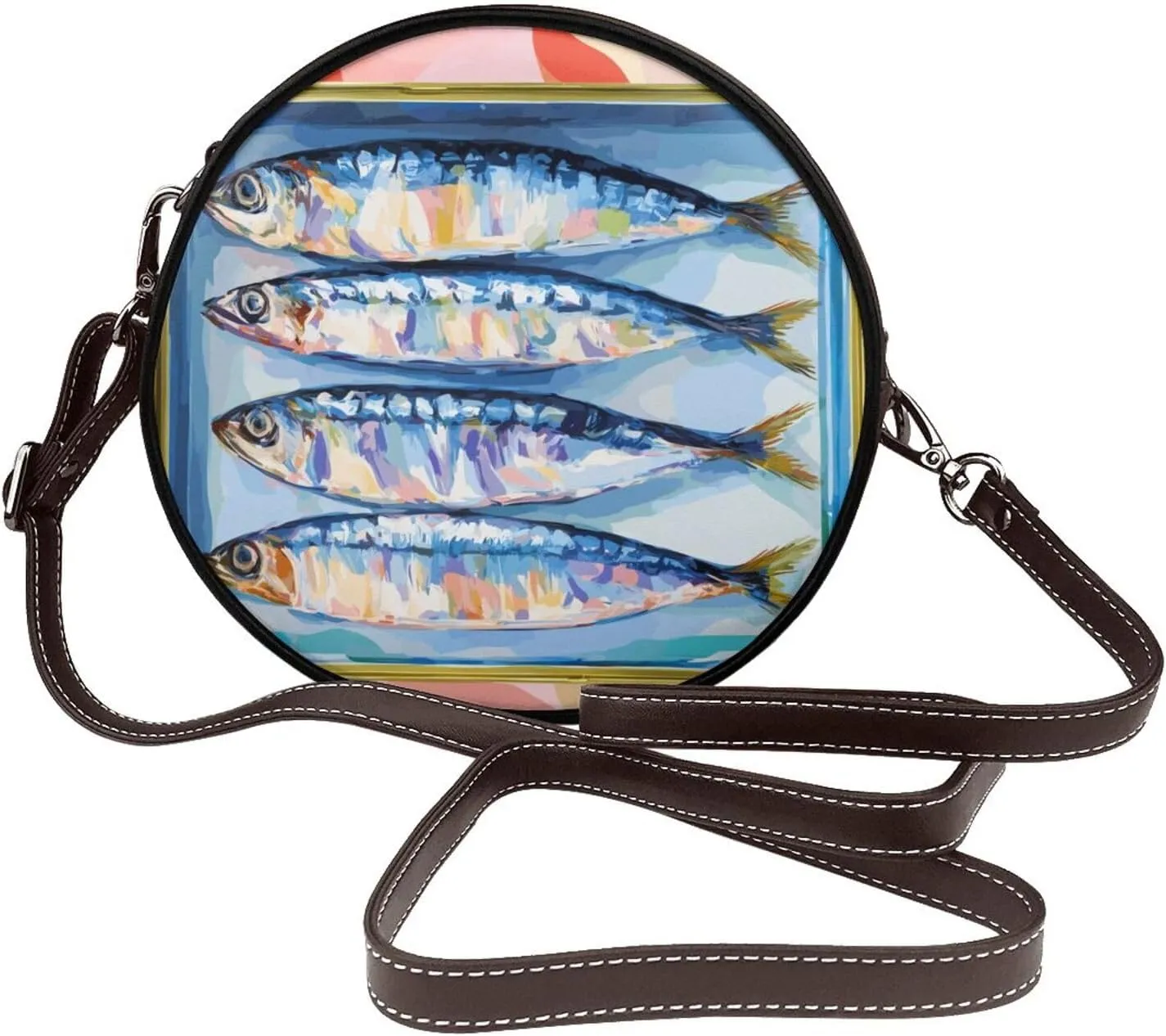 Sardines In Tins Vintage Women Round Crossbody Bags Leather Sling Bag Purse