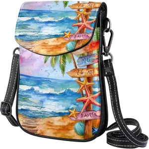 Satchel Bag Watercolor Beach Scene With Palm Trees Starfish Purse Crossbody Leather Messenger Bag For Women