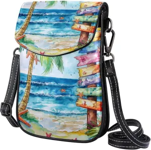 Satchel Bag Watercolor Beach Scene With Palm Trees Starfish Purse Crossbody Leather Messenger Bag For Women