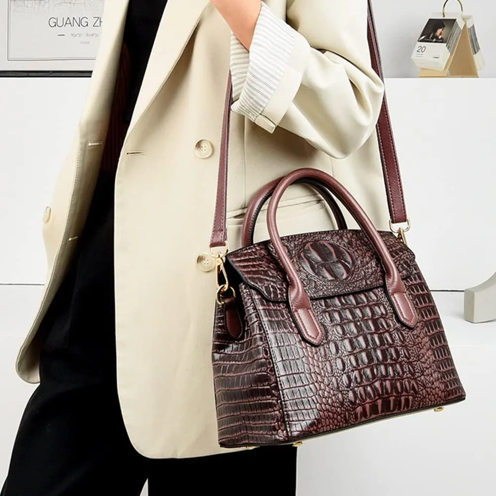 Satchel Tote Purse for Women Crocodile Pattern Embossed Top-handle Handbags Fuax Leather Shoulder Bag