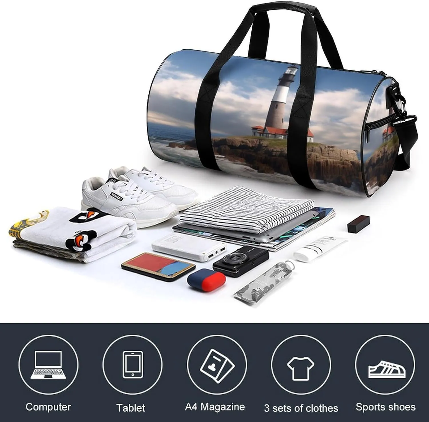 Sea Lighthouse Gym Bag Small Travel Duffle Bag with Compartment Carry On Weekender Bag for Women Men