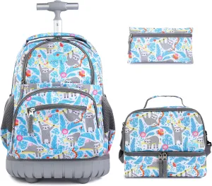 seastig Rolling Backpack 16 inch Wheeled Backpack with Lunch Bag & Pencil Case Roller Backpack Set Carry-on Bag School Travel