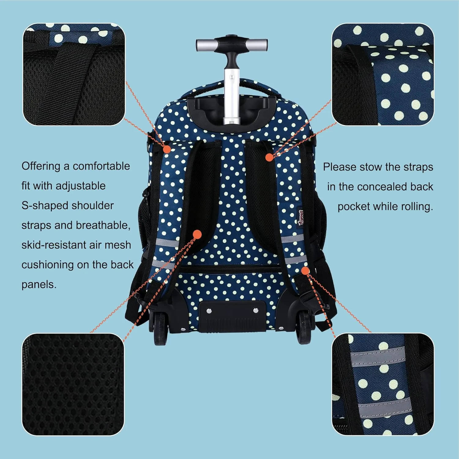 seastig Rolling Backpack 18in Wheeled Backpack with lunch bag and Pencil Case Set Roller Backpack Laptop Backpack Adults Kids