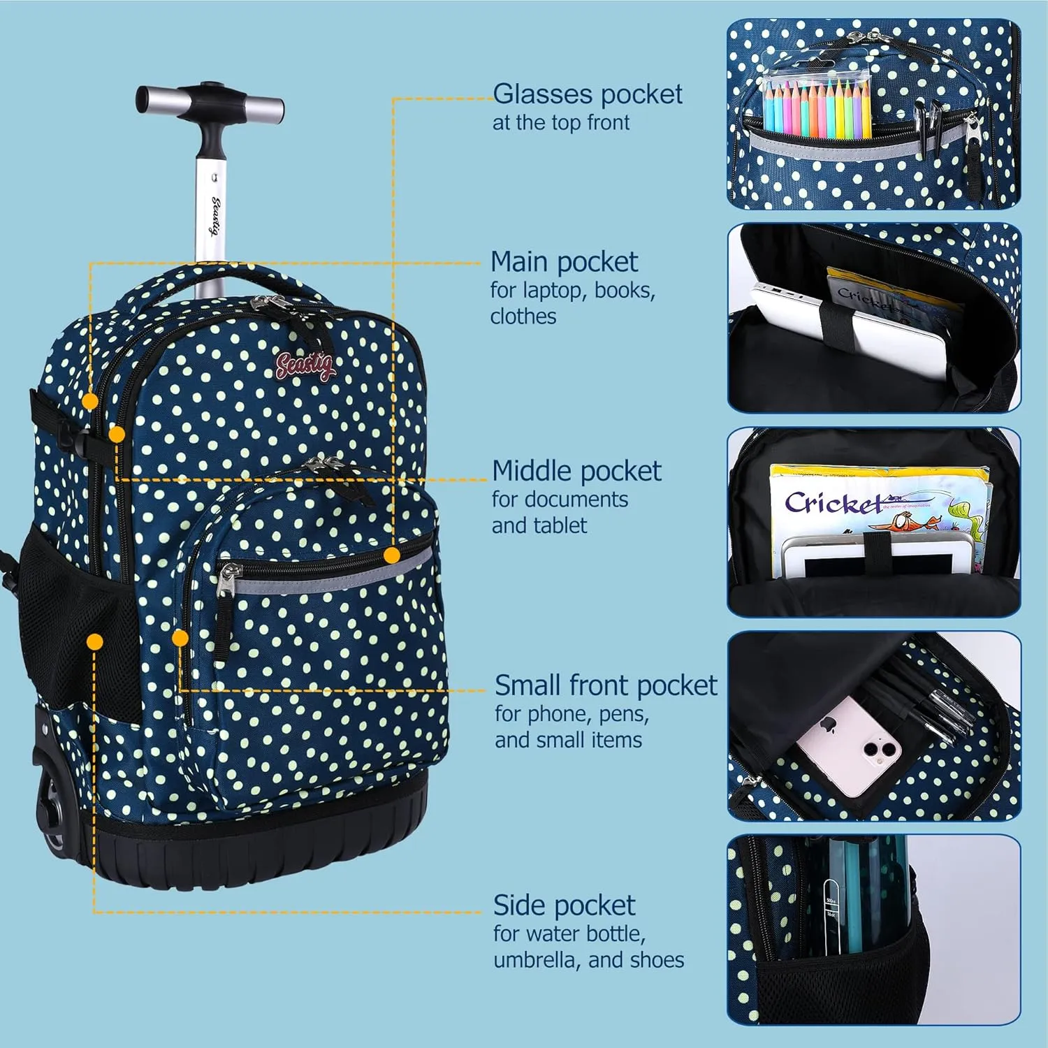 seastig Rolling Backpack 18in Wheeled Backpack with lunch bag and Pencil Case Set Roller Backpack Laptop Backpack Adults Kids