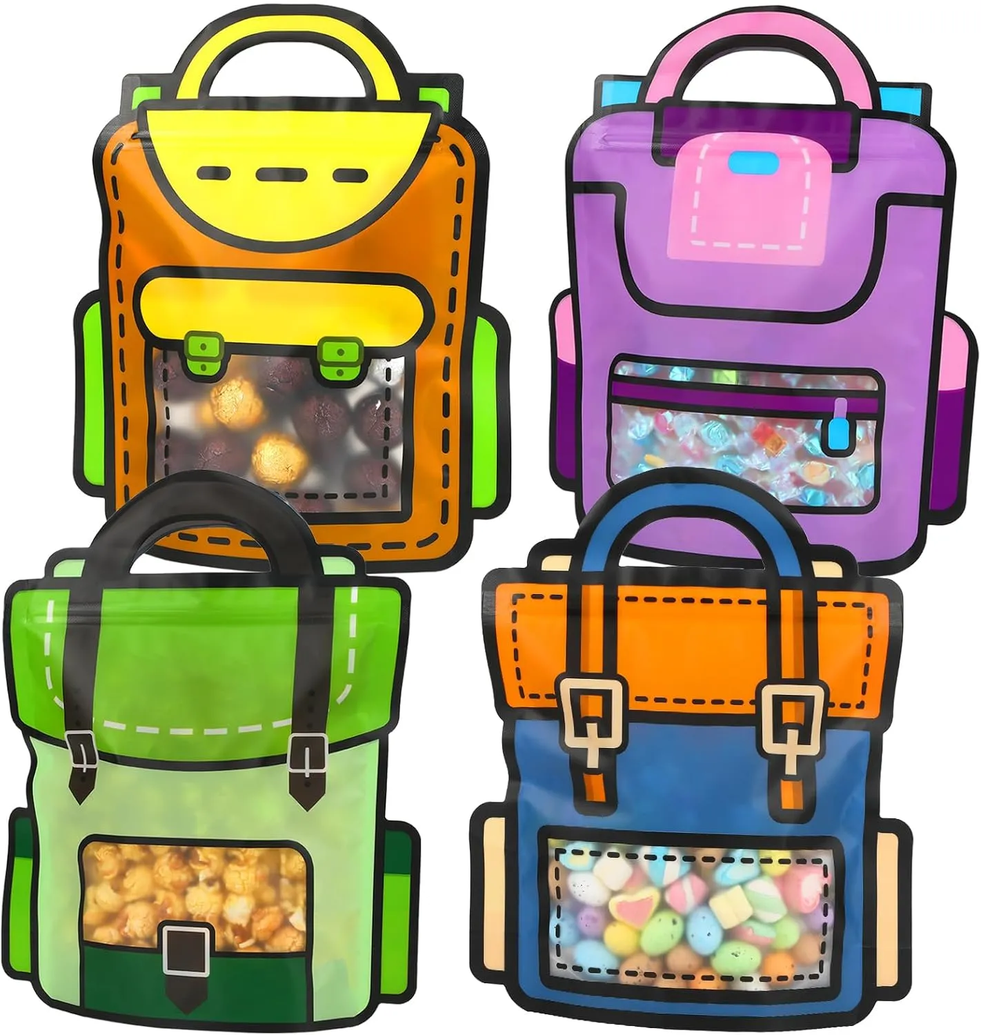 SEPGLITTER 32 Pack Large Cartoon Backpack Goodie Bags Plastic Gift Bags with Handles Resealable Ziplock Seal Bulk Goodie Bags for Kids Birthday Baby Shower Back to School Party(11 x 9.5 inches)