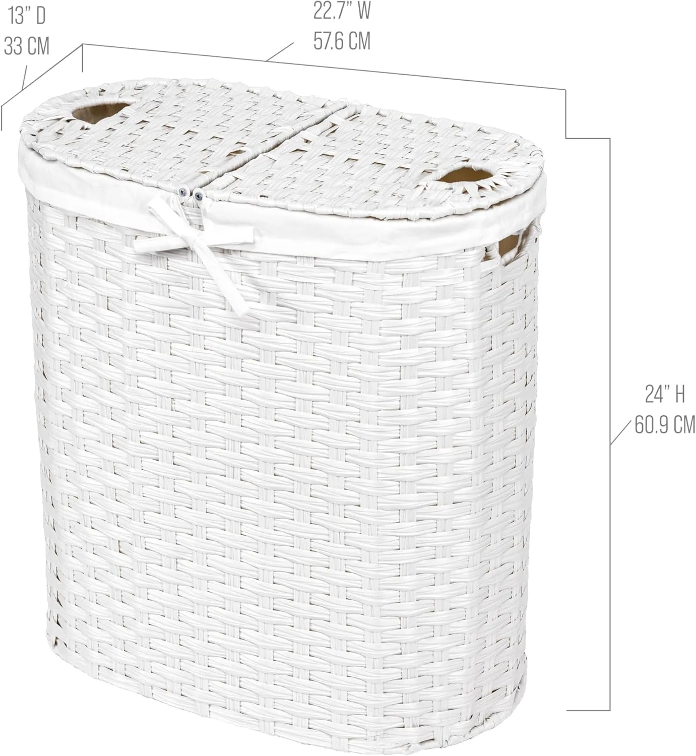Seville Classics Premium Handwoven Portable Laundry Bin Basket with Carrying Handles, Household Storage for Clothes, Linens, Sheets, White, Oval Hamper