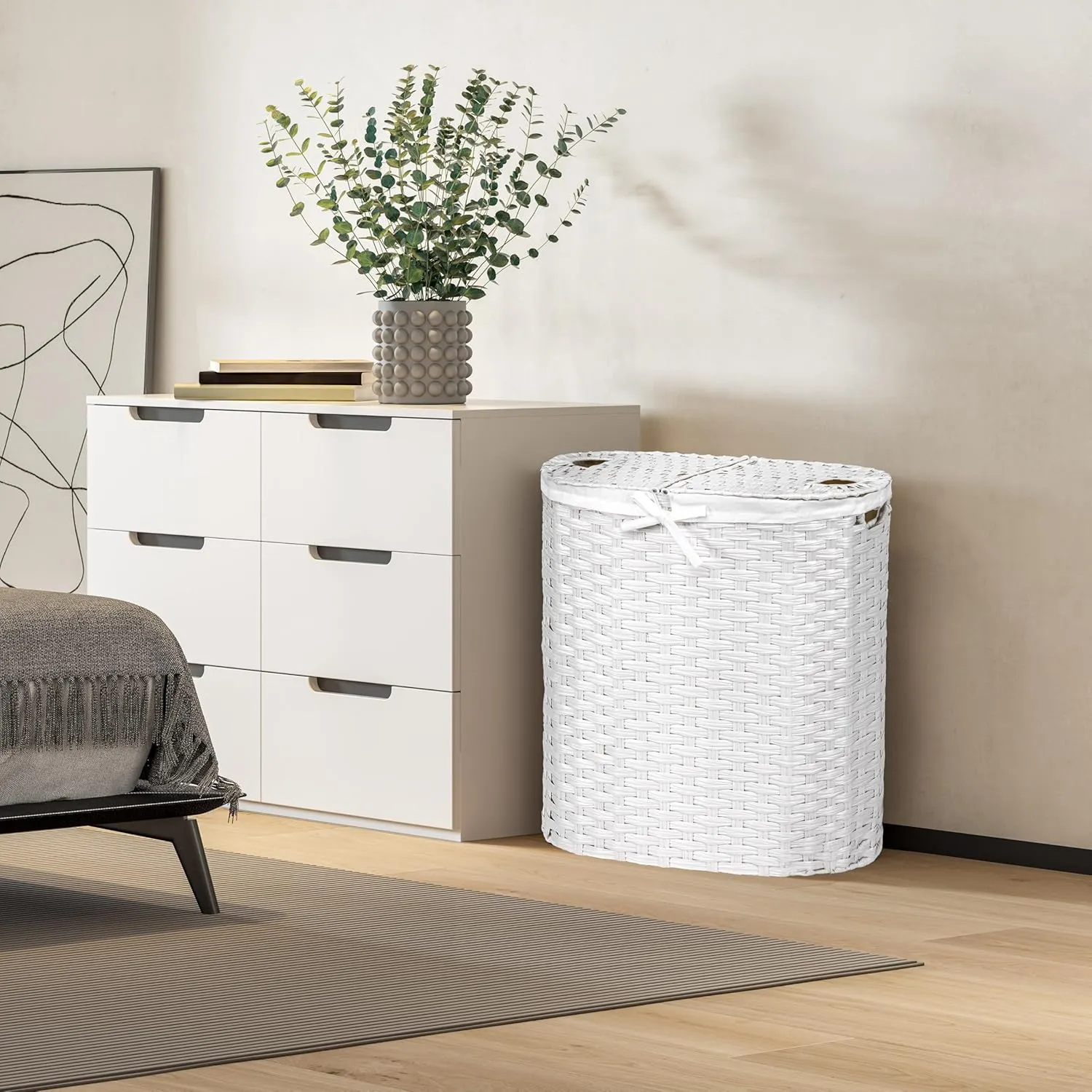 Seville Classics Premium Handwoven Portable Laundry Bin Basket with Carrying Handles, Household Storage for Clothes, Linens, Sheets, White, Oval Hamper