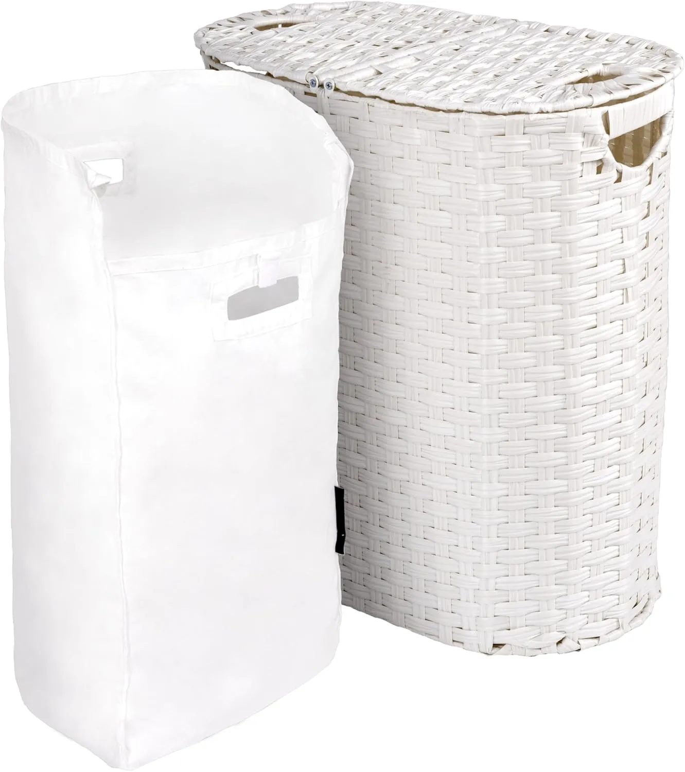 Seville Classics Premium Handwoven Portable Laundry Bin Basket with Carrying Handles, Household Storage for Clothes, Linens, Sheets, White, Oval Hamper
