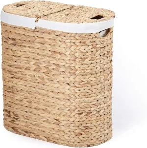 Seville Classics Premium Natural Handwoven Portable Laundry Bin Basket with Carrying Handles, Household Storage for Clothes, Linens, Sheets, Toys, Water Hyacinth, Oval Hamper
