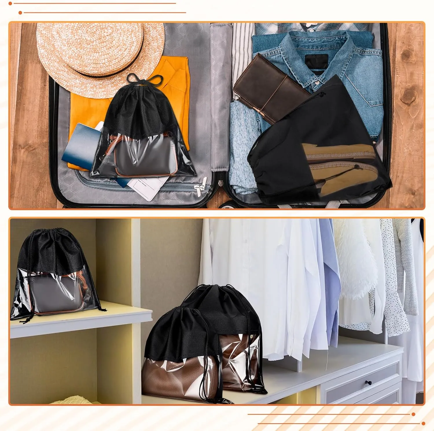 Shappy 12 Pcs Dustproof Drawstring Bags Purse Dust Storage Bags for Handbags Covers Non Woven Fabric Cloth Pouch String Packing Organizer Shoe Pouch(Assorted Sizes,Black)