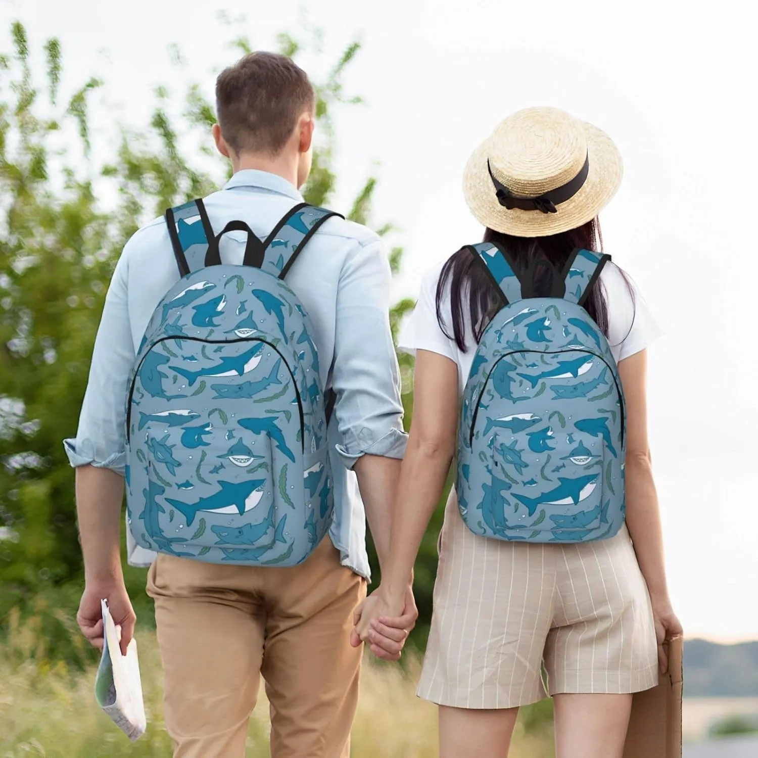 Shark and seaweed Canvas Backpacks Laptop Backpack Multipurpose Double Shoulder Bag for Men Women Gifts Medium