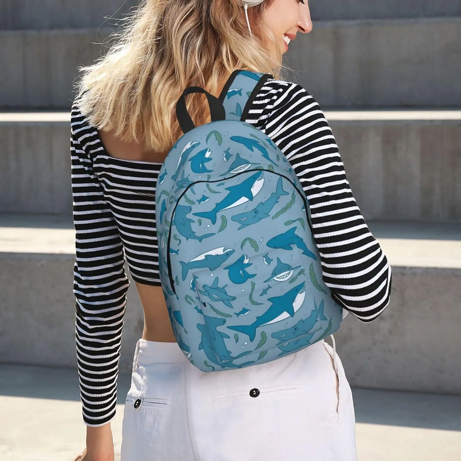 Shark and seaweed Canvas Backpacks Laptop Backpack Multipurpose Double Shoulder Bag for Men Women Gifts Medium