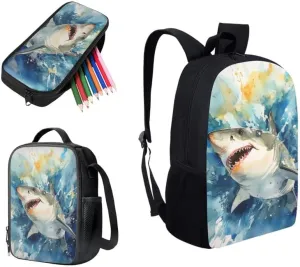 Shark Watercolor Painting 3 in 1 School Bags Set Backpacks With Splash Shark Lunch Bags and Pencil Case for Teens Students Boys Girls