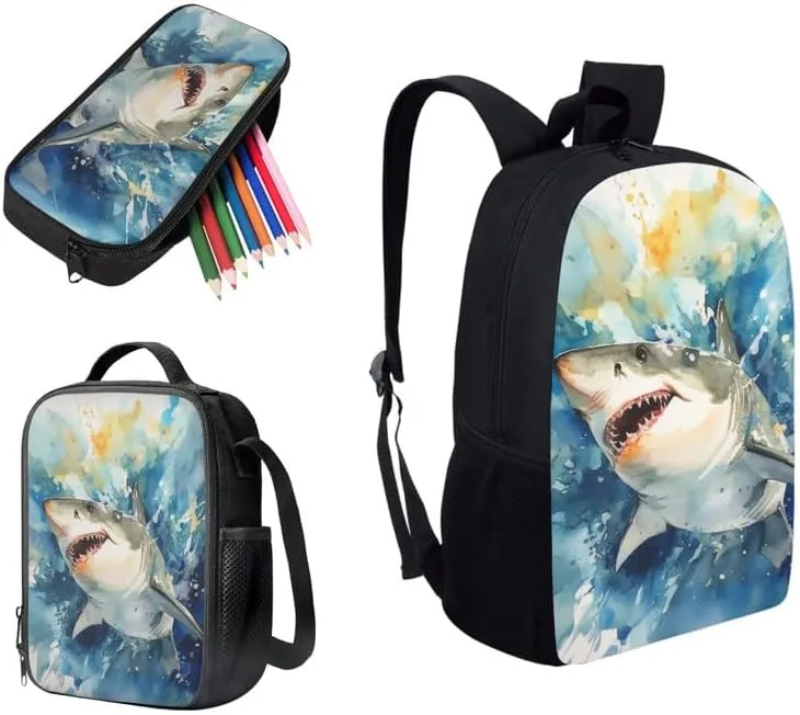 Shark Watercolor Painting 3 in 1 School Bags Set Backpacks With Splash Shark Lunch Bags and Pencil Case for Teens Students Boys Girls