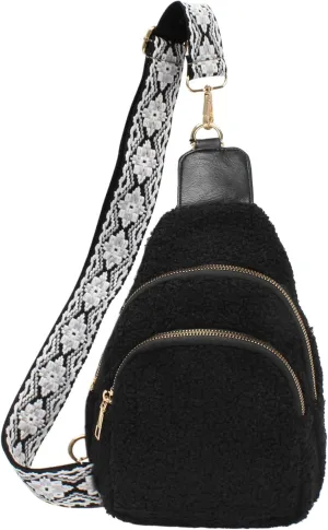 Sherpa Fleece Crossbody Sling Backpack Small Travel Fanny Pack Chest Bag Multipurpose Hiking Daypack (Black)