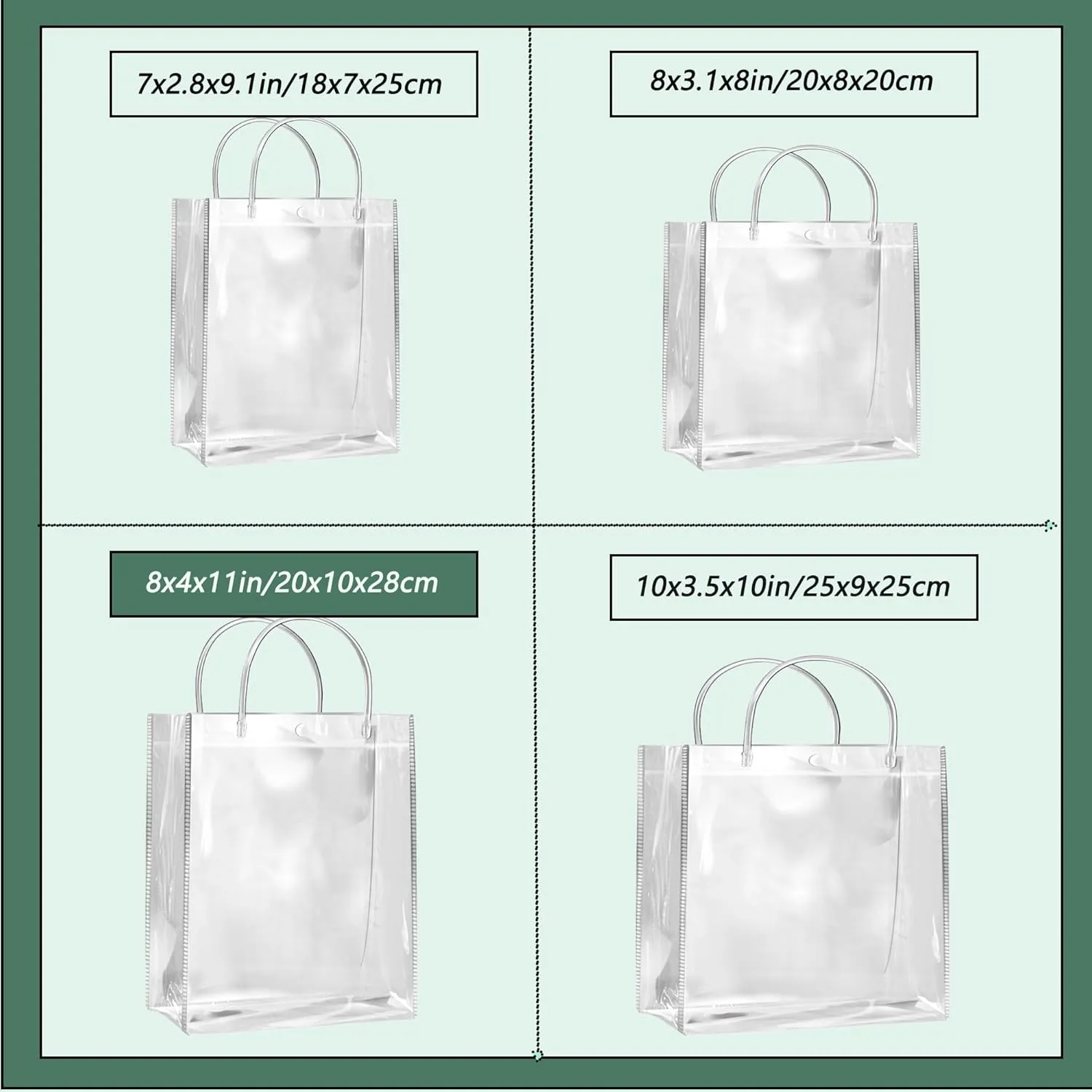 SHIPKEY 10 Pack 8”x4”x11” Clear Gift Bags, Transparent Gift Bag with Handles, Waterproof PVC Shopping Bags for Candy Perfume Boutique Gift Wedding Birthday Party Favor (20x10x28cm)