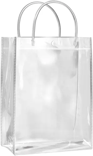 SHIPKEY 10 Pack 8”x4”x11” Clear Gift Bags, Transparent Gift Bag with Handles, Waterproof PVC Shopping Bags for Candy Perfume Boutique Gift Wedding Birthday Party Favor (20x10x28cm)