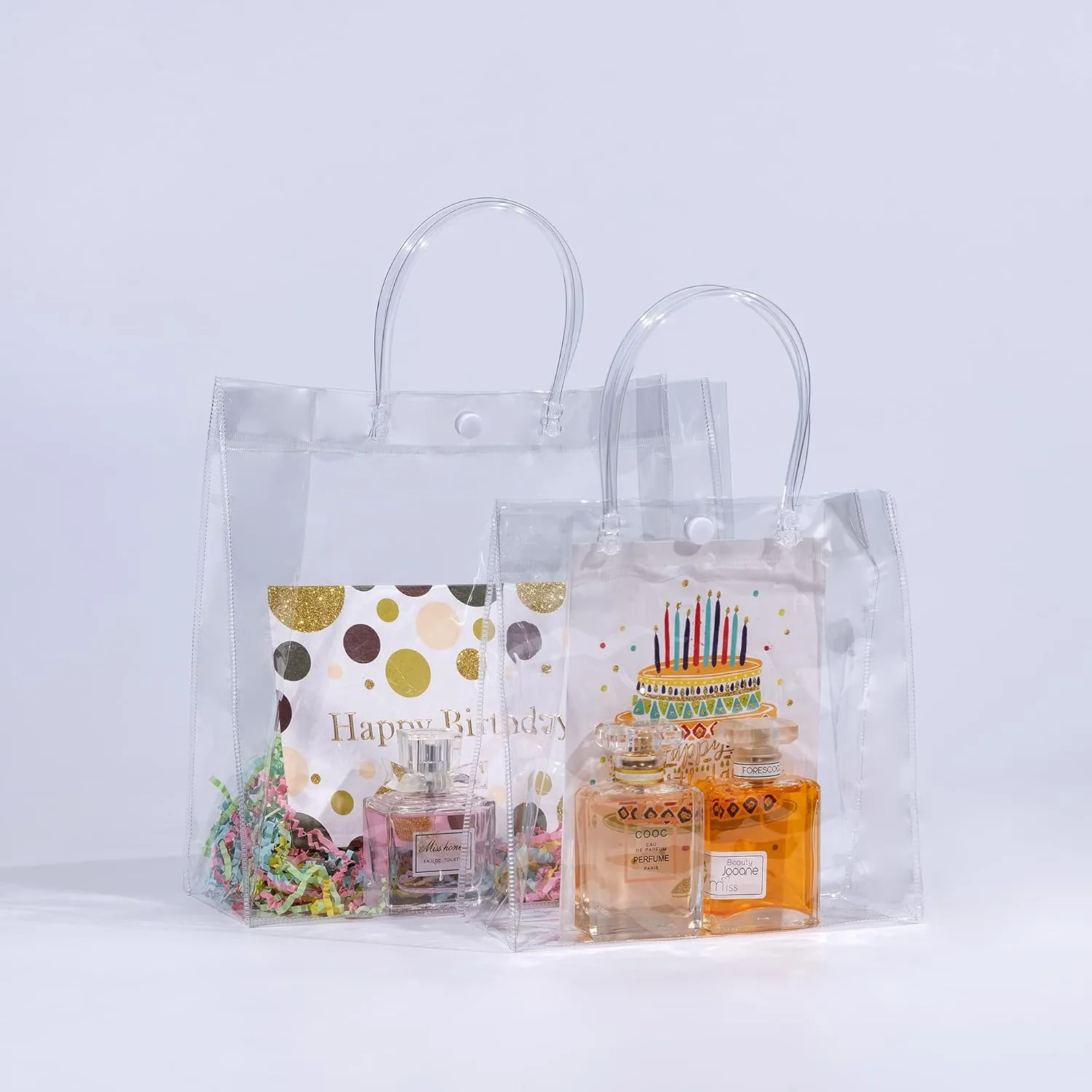 SHIPKEY 10 Pack 8”x4”x11” Clear Gift Bags, Transparent Gift Bag with Handles, Waterproof PVC Shopping Bags for Candy Perfume Boutique Gift Wedding Birthday Party Favor (20x10x28cm)