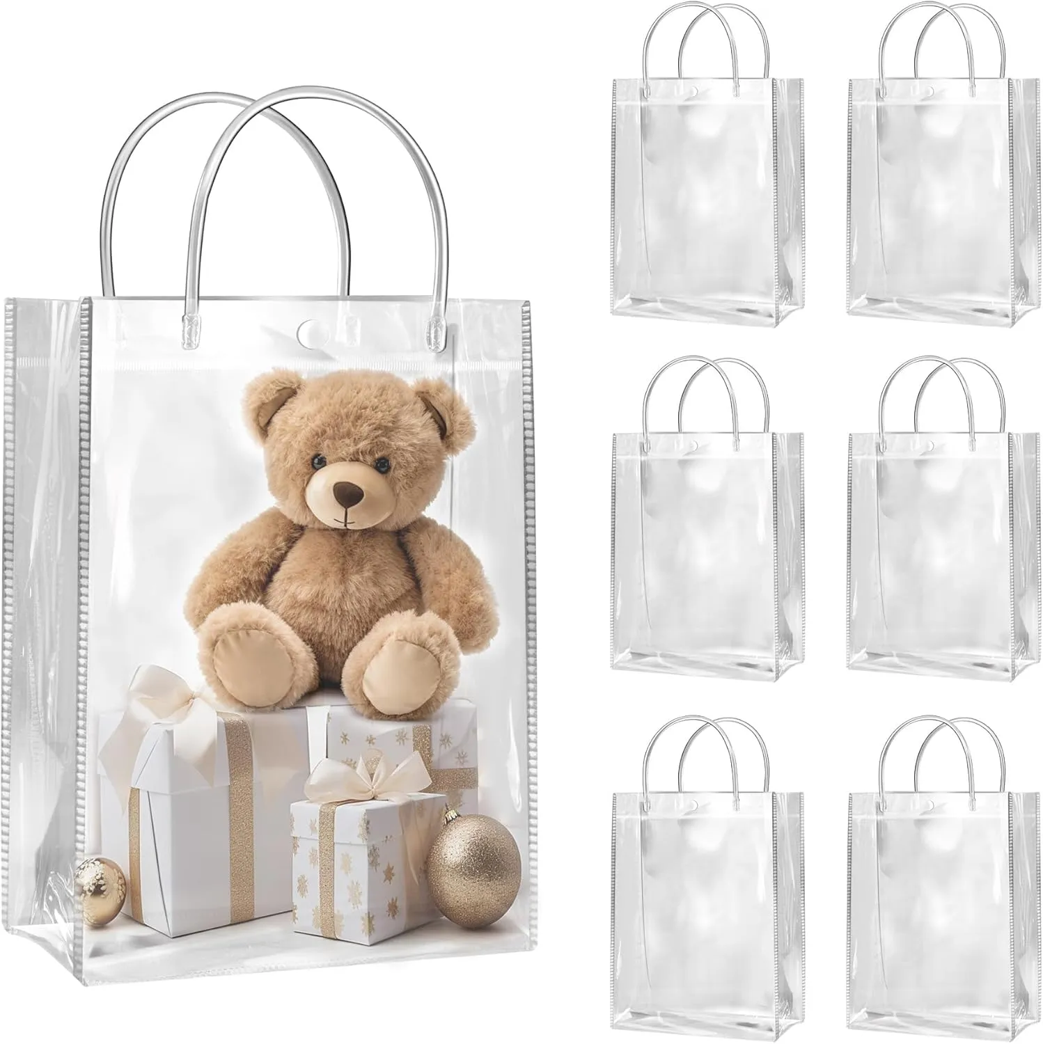 SHIPKEY 10 Pack 8”x4”x11” Clear Gift Bags, Transparent Gift Bag with Handles, Waterproof PVC Shopping Bags for Candy Perfume Boutique Gift Wedding Birthday Party Favor (20x10x28cm)