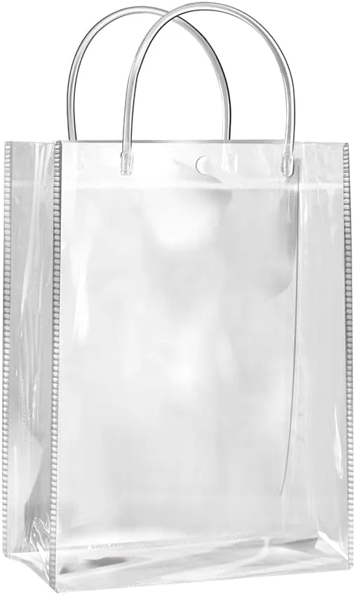 SHIPKEY 10 Pack 8”x4”x11” Clear Gift Bags, Transparent Gift Bag with Handles, Waterproof PVC Shopping Bags for Candy Perfume Boutique Gift Wedding Birthday Party Favor (20x10x28cm)